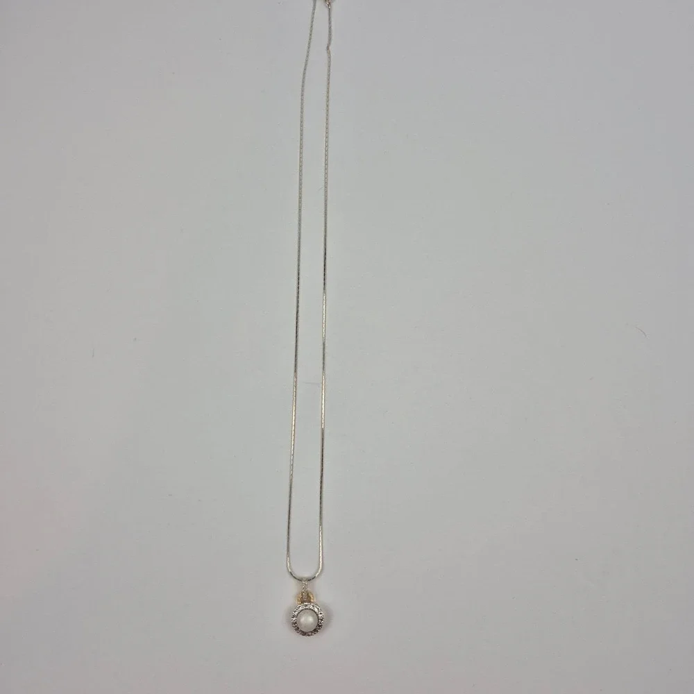 VTG Italian 925 Silver Halo Pendant Necklace Pearl Clear Stone Dainty Estate 18